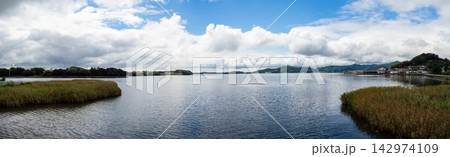曇りから晴れへ変わる奥浜名湖と猪鼻湖のパノラマ風景 曇りから晴れへ変わる奥浜名湖と猪鼻湖のパノラマ風景 142974109