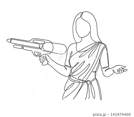 Continuous line drawing of a woman holding a water gun, isolated on white background Continuous line drawing of a woman holding a water gun, isolated on white background 142974408