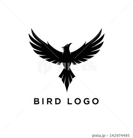 Minimalist black bird logo design featuring a soaring eagle, isolated on white background 142974495