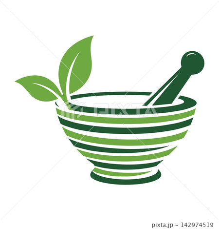Green mortar and pestle icon with leaves for herbal medicine 142974519