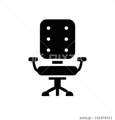 Office chair icon, black silhouette of a swivel chair with armrests and wheels, vector illustration for business and workspace design Office chair icon, black silhouette of a swivel chair with armrests and wheels, vector illustration for business and workspace design 142974521