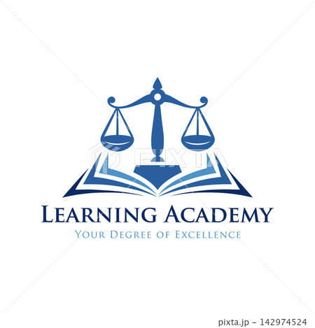 Logo for a learning academy featuring a scale of justice placed on an open book, symbolizing legal education and academic excellence 142974524