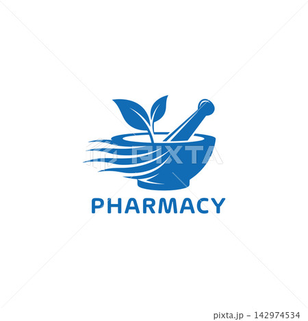 Pharmacy logo design with mortar and pestle and leaves icon isolated on white background 142974534