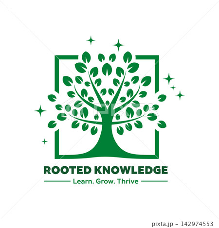 Rooted knowledge logo design, a green tree icon inside a square frame with stars, featuring the text learn, grow, thrive, isolated on white background 142974553