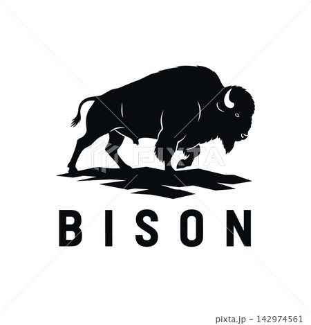 Black silhouette of a powerful bison standing on rocky ground with bold text label, isolated on white background Black silhouette of a powerful bison standing on rocky ground with bold text label, isolated on white background 142974561