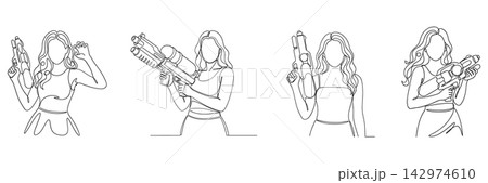 Continuous line drawing set of women holding water guns isolated on white background Continuous line drawing set of women holding water guns isolated on white background 142974610
