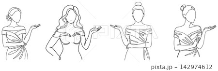 Set of continuous line drawings of women in elegant dresses presenting something Set of continuous line drawings of women in elegant dresses presenting something 142974612
