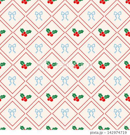 Festive Christmas seamless pattern with red holly berries and blue bows in a red grid Festive Christmas seamless pattern with red holly berries and blue bows in a red grid 142974719