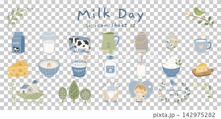 Hand-drawn icon set for Milk Day: milk, dairy cows, dairy products, and farms. Hand-drawn icon set for Milk Day: milk, dairy cows, dairy products, and farms. 142975282
