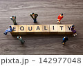 Miniature figures discussing equality concept on wooden blocks 142977048