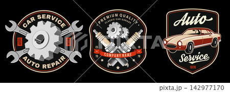 Vintage Auto Repair Badge Collection with Wrenches, Gear and Classic Car Service Emblems, Retro Automotive Garage Designs for Mechanics, Workshops, Apparel, Stickers, Patches and Signs 142977170
