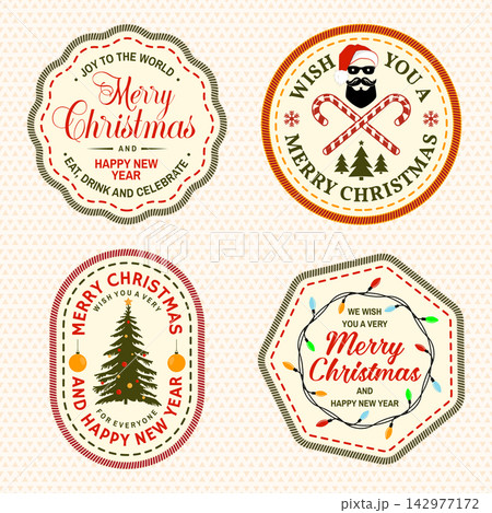 Vintage Merry Christmas Badge Collection with Christmas Tree, Santa Hat, Candy Cane and Festive Light Decorations, Retro Holiday Greeting Emblems for Seasonal Cards, Apparel, Stickers and Prints 142977172