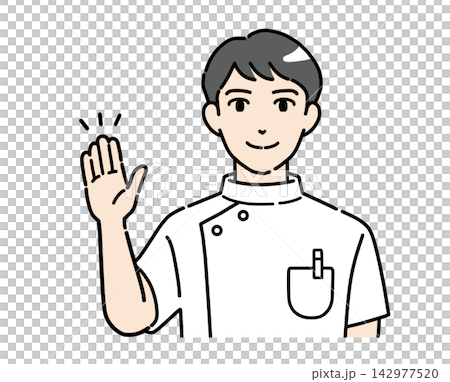 一幅年輕的男性醫護人員舉手引導病人的插圖。 一幅年輕的男性醫護人員舉手引導病人的插圖。 142977520