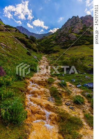 Mountain iron rich stream flowing over orange-yellow oxidizing bacteria deposits. Mountain iron rich stream flowing over orange-yellow oxidizing bacteria deposits. 142977811