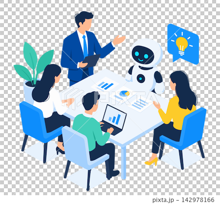人工智慧與辦公室工作人員開會的等距向量圖。 人工智慧與辦公室工作人員開會的等距向量圖。 142978166