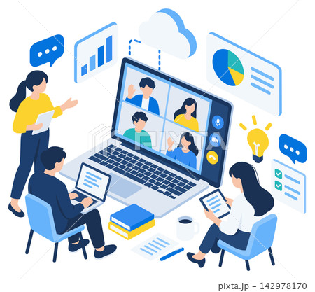 オンラインミーティングのアイソメトリック　パソコンで仕事をする人々のイラスト　ベクター 142978170