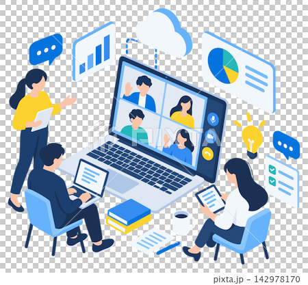 オンラインミーティングのアイソメトリック　パソコンで仕事をする人々のイラスト　ベクター 142978170