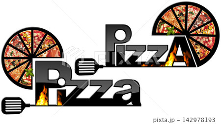 Pizza Typography with Slices, Flames, and Spatula on White 142978193