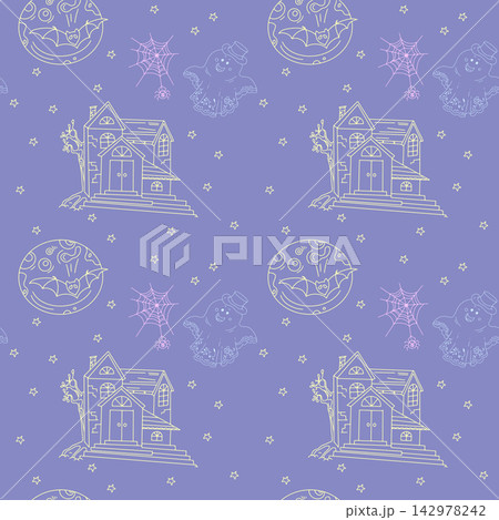 Cute halloween vector seamless pattern. Spooky cartoon haunted house ghost moon illustration. Perfect for autumn holiday night party decorations. 142978242