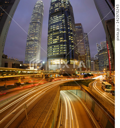Hong Kong City Skyline at Night with Light Trails 142978243