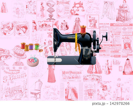 Vintage Sewing Machine with Fashion Collage on Pink Background 142978266