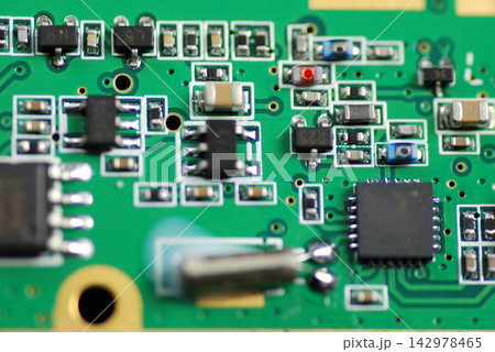 Circuit Board Macro with Electronic Components and Microchips Circuit Board Macro with Electronic Components and Microchips 142978465