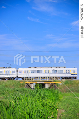 広々とした田園地帯を走る列車の風景 142978613