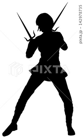 Silhouette Of Female Warrior With Blades Silhouette Of Female Warrior With Blades 142978735