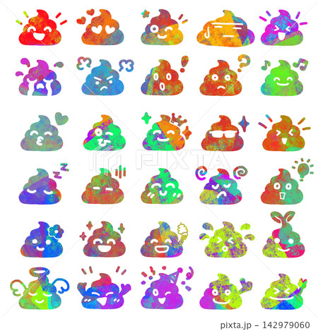 カラフルでかわいいうんちの表情アイコンセット 142979060