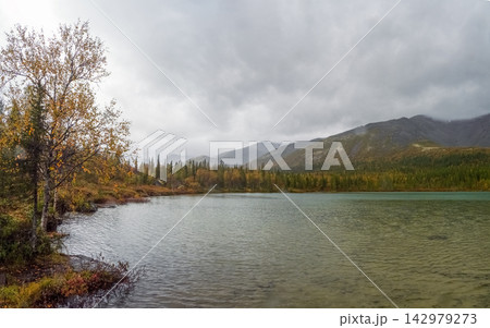 Moody landscape of a rainy lake in Arctic region Moody landscape of a rainy lake in Arctic region 142979273