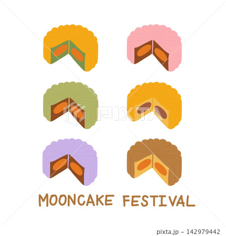 Hand drawn mooncakes with egg yolk inside for sweet dessert, bakery, pastry, cafe, restaurant, menu, recipe, mockup, baking book, food, snack, department store, grocery shopping, supermarket, market 142979442
