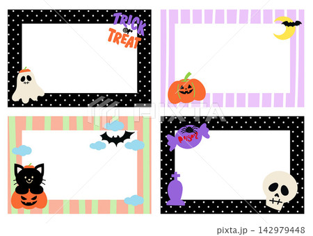 Halloween rectangle frame vectors with ghost, trick or treat, spooky pumpkin, moon, bat, black cat, poison candy, head skull for Halloween campaign banners, polaroid photo, ad template, sticky note Halloween rectangle frame vectors with ghost, trick or treat, spooky pumpkin, moon, bat, black cat, poison candy, head skull for Halloween campaign banners, polaroid photo, ad template, sticky note 142979448