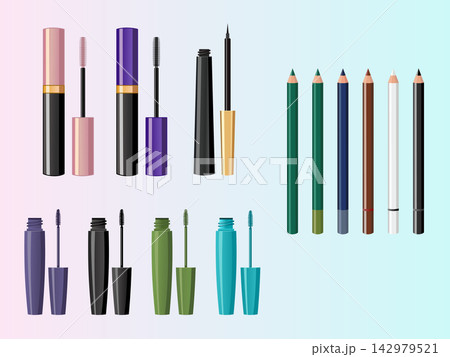 Illustration of eye makeup products of several mascara tubes and applicator wands in pink, purple, black, green, and turquoise, along with a liquid eyeliner and a collection of colored eye pencils. Illustration of eye makeup products of several mascara tubes and applicator wands in pink, purple, black, green, and turquoise, along with a liquid eyeliner and a collection of colored eye pencils. 142979521