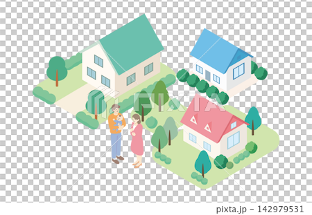 家庭、住房、獨立式住宅、房子、街景、等距視角、插圖、房地產、托兒服務、生活方式、材料 142979531