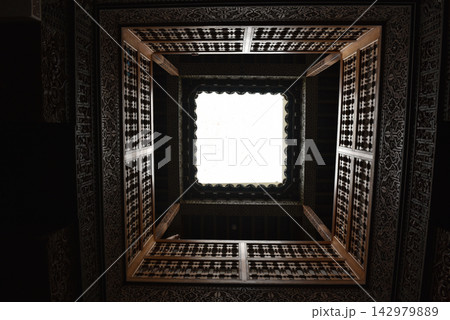 Traditional Moroccan wooden riad skylight in Marrakesh 142979889