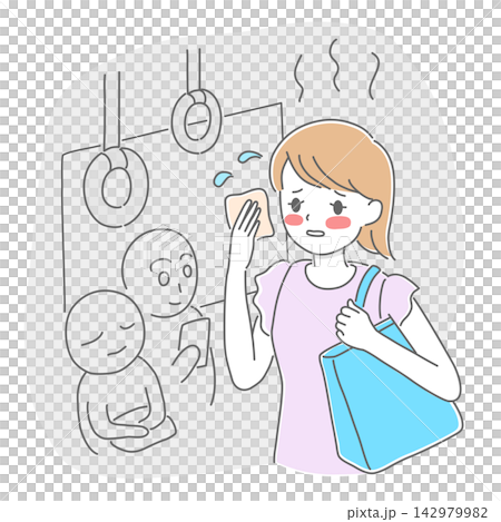 電車内で更年期障害の症状(ホットフラッシュ・のぼせ・突然の発汗)に困る女性のイラスト 電車内で更年期障害の症状(ホットフラッシュ・のぼせ・突然の発汗)に困る女性のイラスト 142979982