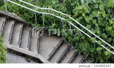 大雨の日に雨水が流れる屋外のコンクリート階段と手すり 142980167