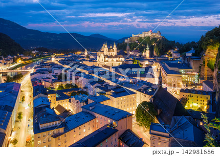 Hohensalzburg Fortress and Salzburg Old Town at Blue Hour, Austria Hohensalzburg Fortress and Salzburg Old Town at Blue Hour, Austria 142981686