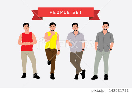 Vector illustration of a group of men in different clothes. Flat style. Vector illustration of a group of men in different clothes. Flat style. 142981731