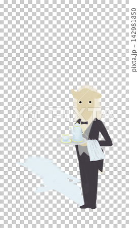 A New Year's card illustration featuring a sheep butler in a butler's costume carrying a tea set. A New Year's card illustration featuring a sheep butler in a butler's costume carrying a tea set. 142981850