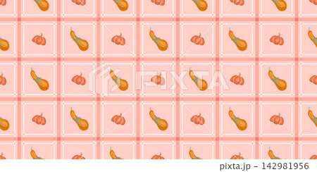 Harvest, autumn thanksgiving checkered background. Plaid pumpkin and gourd seamless pattern design. Vintage decorative nostalgic cozy country cottage style textile, wallpaper or stationery 142981956