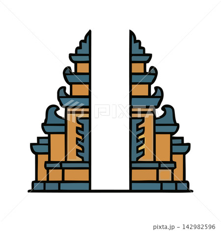Minimalist line art illustration of traditional Japanese pagoda building design. 142982596