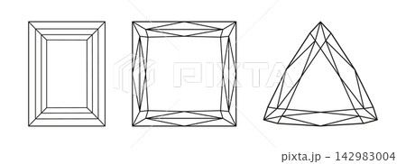 Diamond Princess, Baguette, Trillion cut simple shapes. Gemstone outline icons for jewellery design, branding, packaging, logo templates. Baguette, Trillion, Princess brilliant cut patterns layouts. 142983004