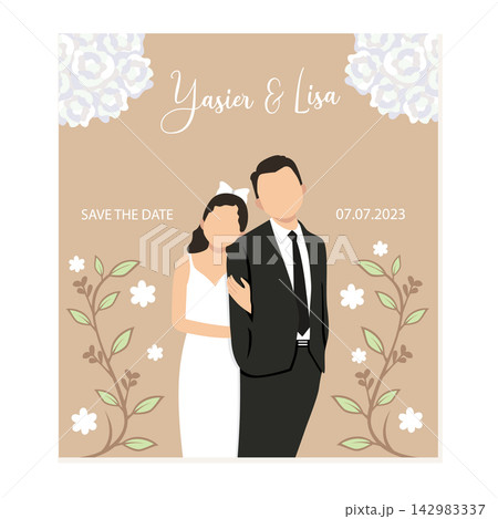 Wedding invitation card with bride and groom. Vector illustration. 142983337