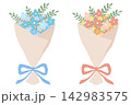 カラフル　パステルカラー　花　花束　リボン　お祝い　プレゼント　ギフト　イラスト　手書き　素材セット 142983575
