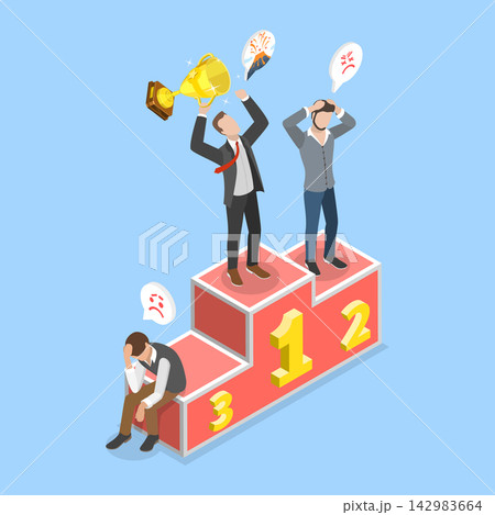3D Isometric Flat Vector Illustration of Winner, Businessman Holding Trophy And Loser In Second Place 142983664