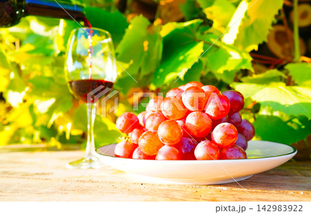 Wine is poured in glass next to plate of grapes in vineyard Wine is poured in glass next to plate of grapes in vineyard 142983922