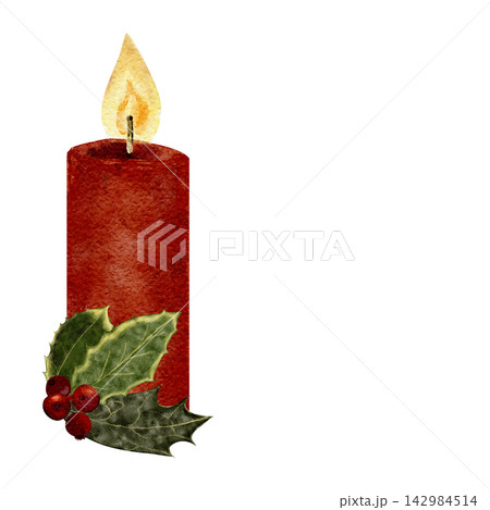 Christmas candle with holly leaves, red berries. Hand-painted watercolor winter botanical isolated on white, perfect for holiday cards, seasonal packaging, decor, invitations, festive design projects 142984514