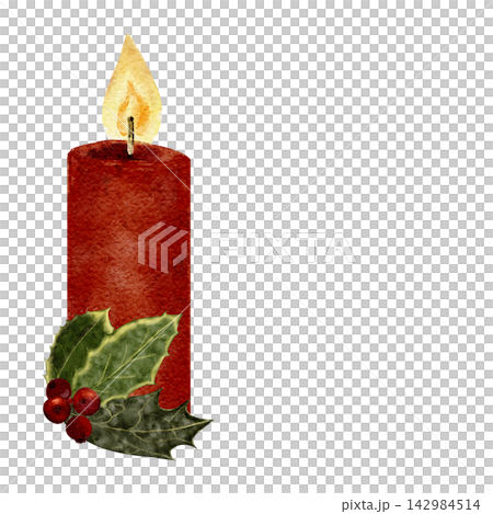Christmas candle with holly leaves, red berries. Hand-painted watercolor winter botanical isolated on white, perfect for holiday cards, seasonal packaging, decor, invitations, festive design projects 142984514