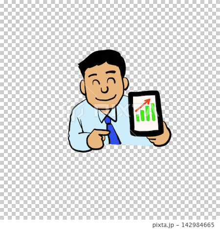 An illustration of a man smiling and recommending investments. 142984665